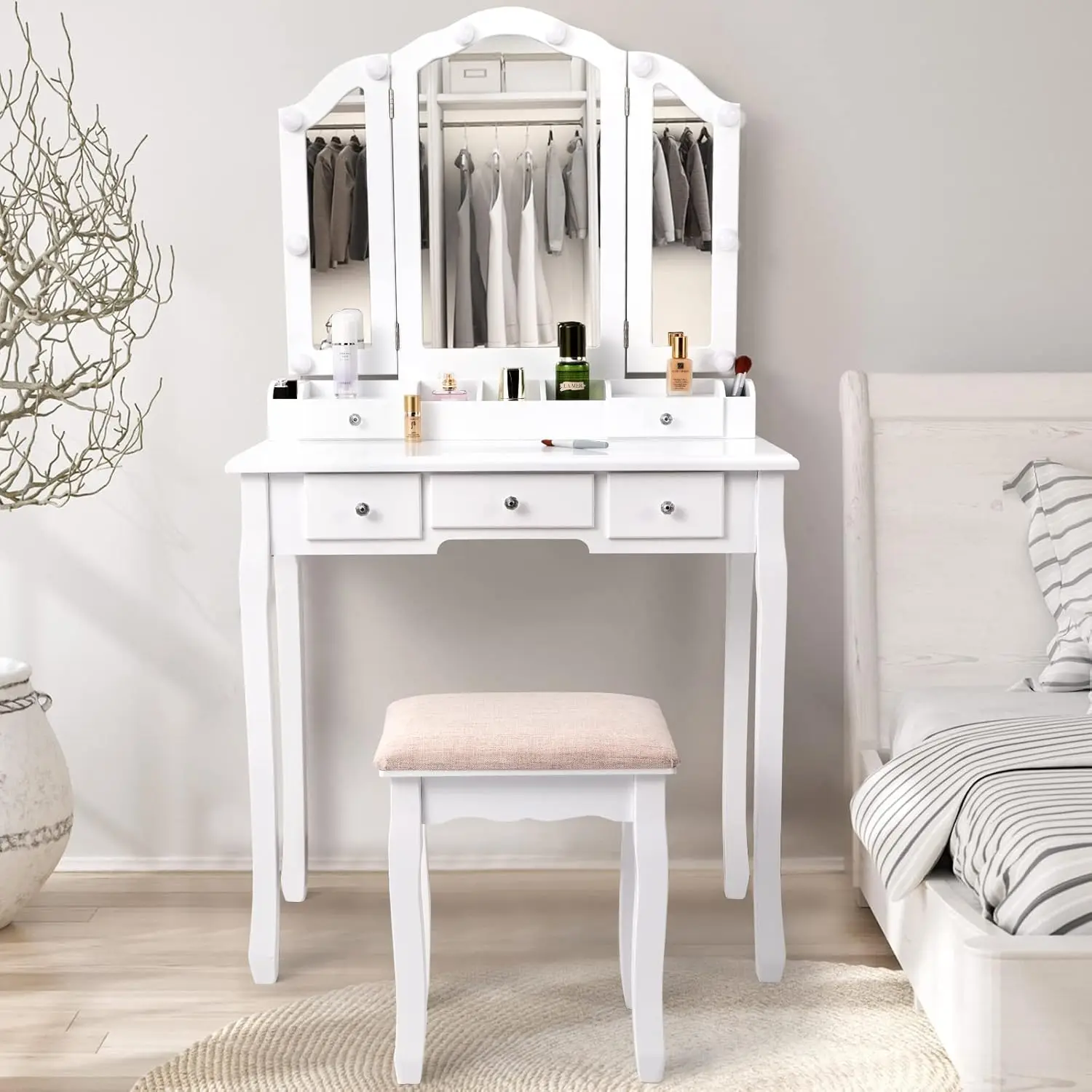 Vanity Desk with Mirror and Lights Makeup Vanity with Lights and Tri-Folding Mirror,Vanity Table with Lights,White Vanity Makeup