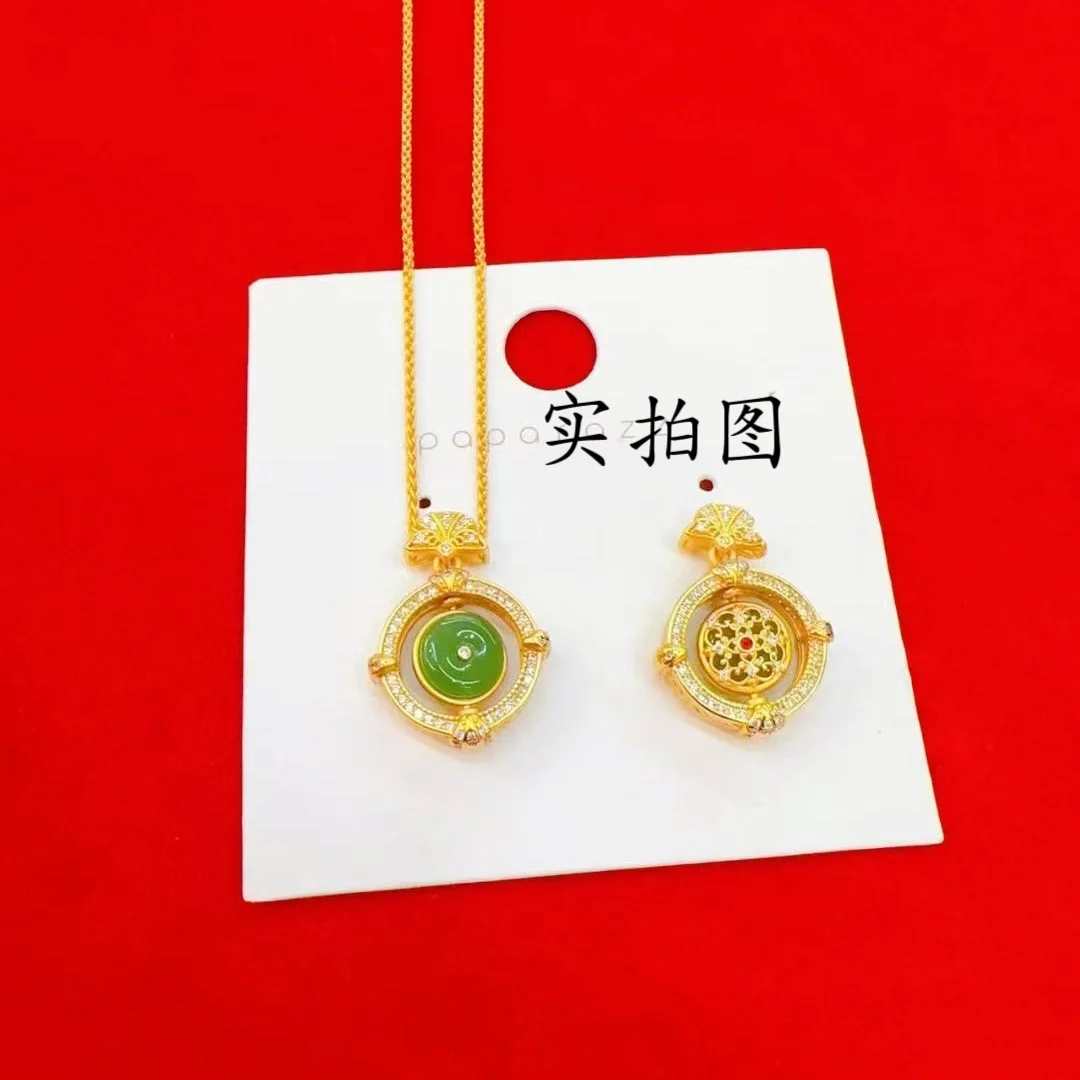 24K AU999 قلادة بإبزيم أمان للنساء، تصميم قابل للدوران + تخريمية وزخارف ماسية #4