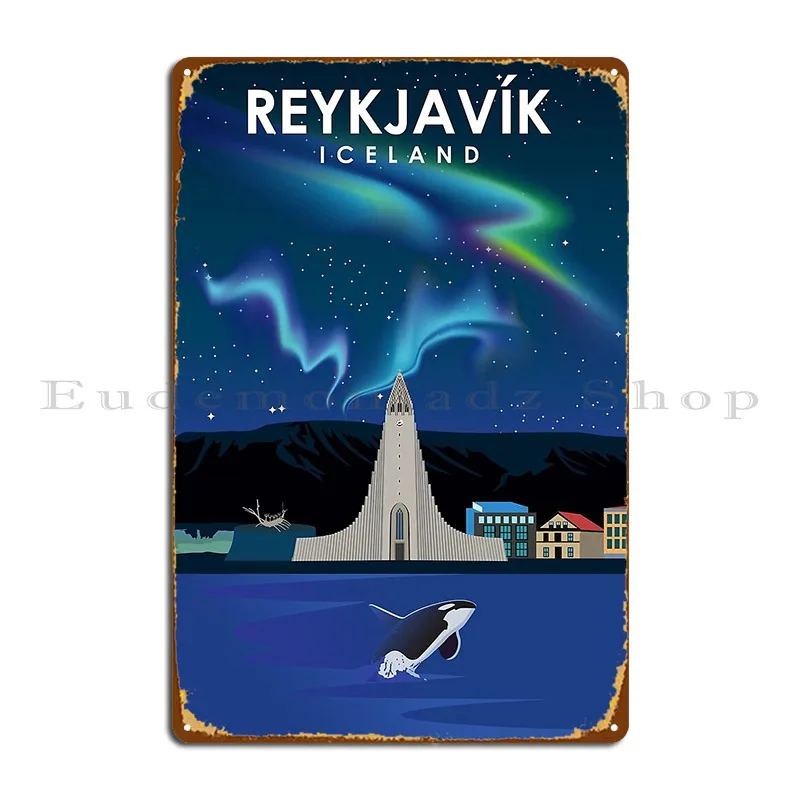 Reykjavik Iceland Northern Lights Travel Poster Metal Plaque Poster Painting Printing Create Wall Mural Tin Sign Poster