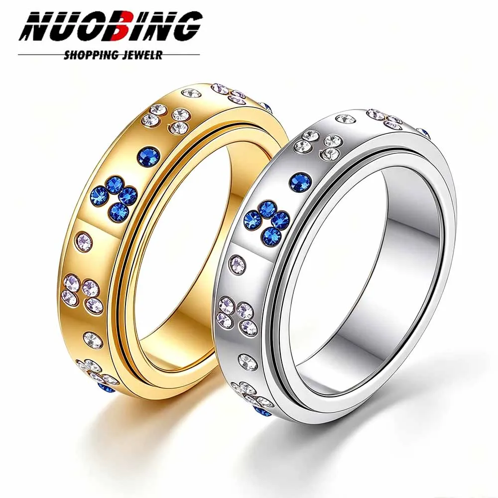 New Celestial Blue Sparkling Moon Sun Star Crystal Stainless Steel Ring for Women Fashion Party Rotate Freely Jewelry Gifts