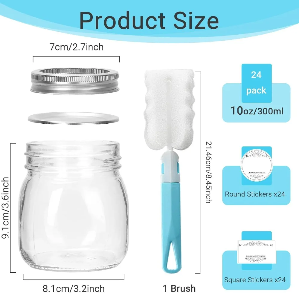 10 oz Glass Mason Jars, 24 Pack Regular Mouth Canning Jars with Silver Lids & Bands, Airtight for Food Storage, Pickling, Honey, Jelly, DIY