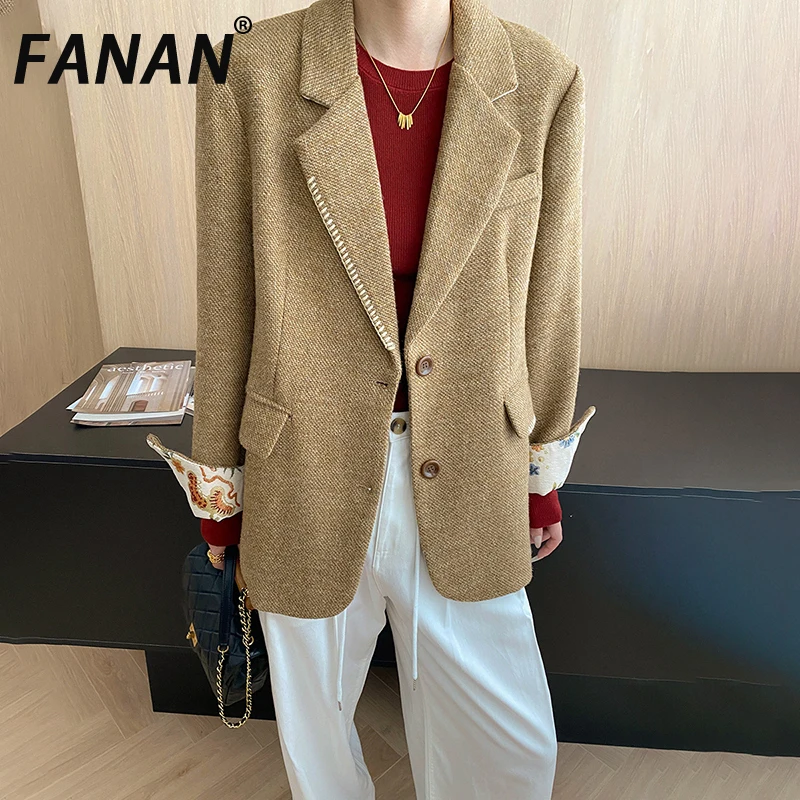 

FANAN Elegant Embroidery Design Khaki Blazers For Women Single Breasted Office Lady Loose Coats Female Jackets 2025 Autumn New