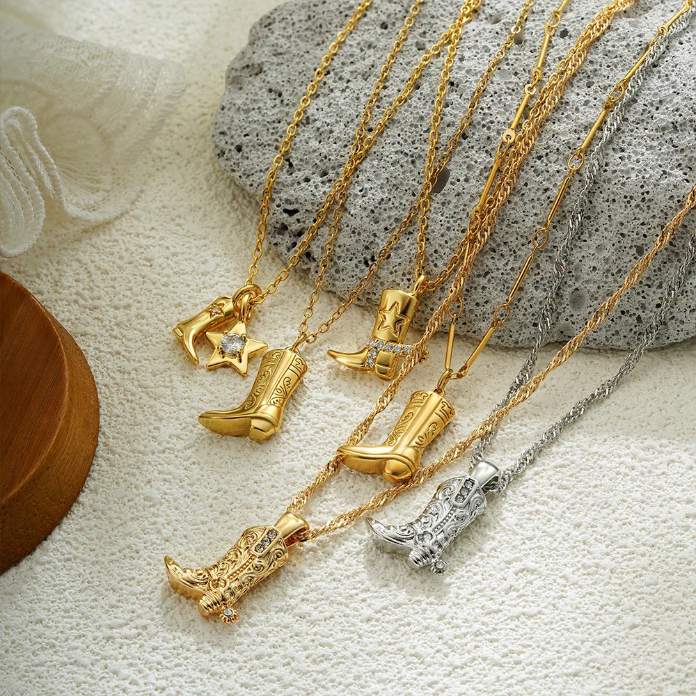 Collar con colgante de botas de montar gruesas con textura Vintage, chapado en oro de 18 quilates, bota de vaquero de vaquera, gargantilla de estrella de circón, joyería de fiesta