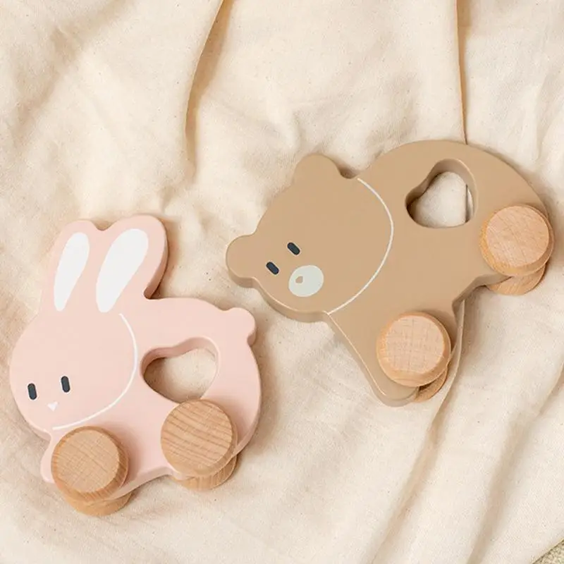 Natural Wooden Rabbit/Bear With Wheels Pulling Toys Wooden Toys Children's Pulling Toys Wooden Animal Pushing And Pulling Toys