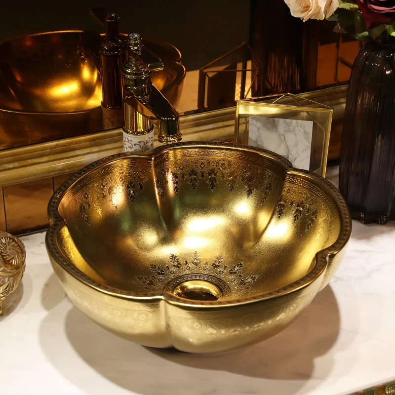 

Luxurious Embossed Golden Procelain Handmade Artistc Ceramic Lavabo Bathroom Vessel Sinks Bathroom Sink ceramic wash basin