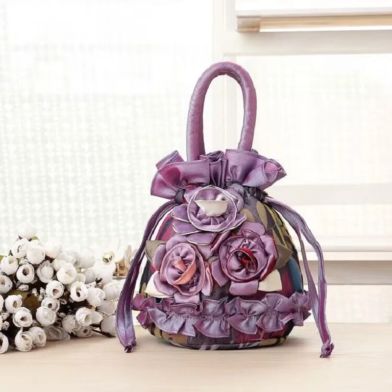 Women\'s Embroidered Silk Three Flowers Handbags Ethnic Style String Bags