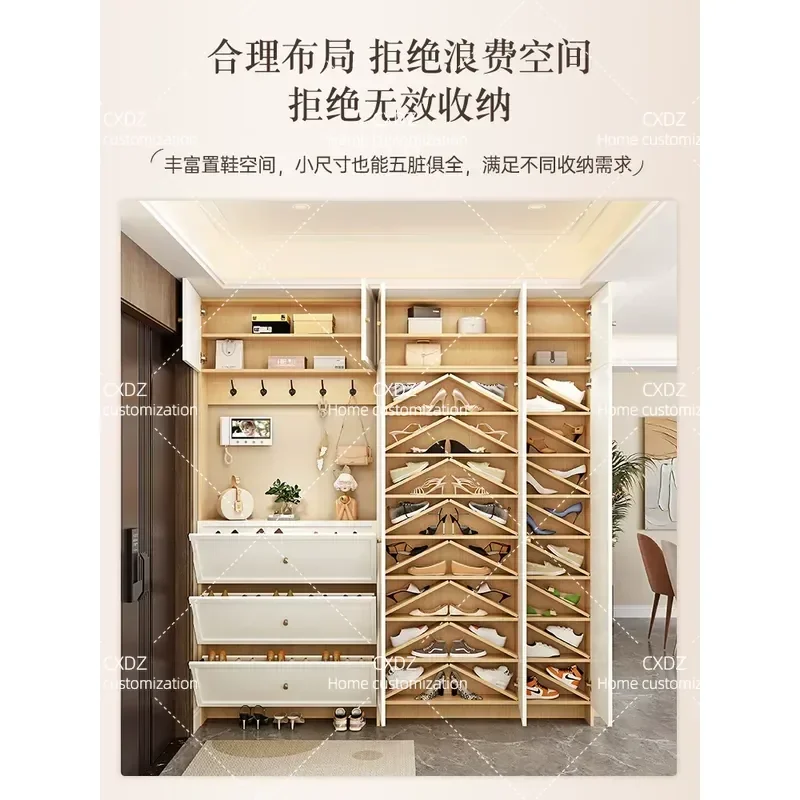 Ultra Thin Wall Mounted Shoe Cabinet with Coat Rack Integrated Entryway Storage Narrow Tipping Bucket Floor to Ceiling Living