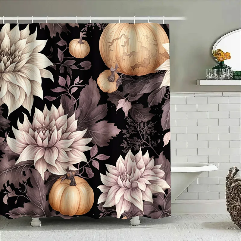 

Tuniu Floral Pumpkin Autumn Shower Curtain Dark Grey Lilac Flowers Decorative Bathroom Decor