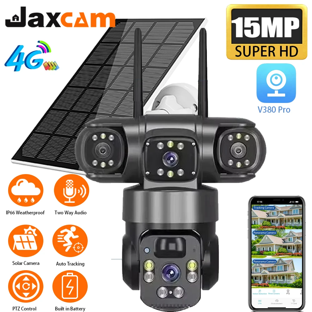

15MP Solar Surveillance Camera Wireless Outdoor 3 Lens Solar IP Camera PIR Color Night Vision Auto Tracking Motion Detection