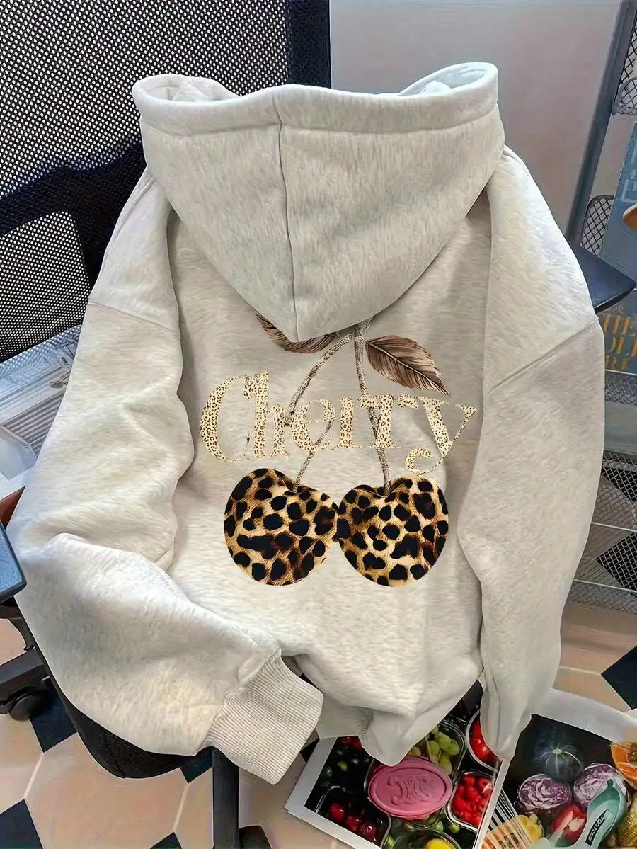 

Women's Oversized Leopard Cherry Print Drop Shoulder Hoodie Autumn Winter