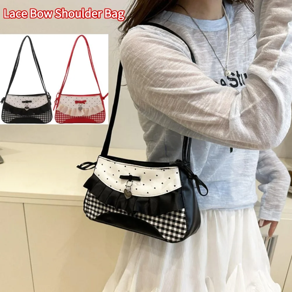 

Leisure French Lace Bow Shoulder Bag PU Sweet Underarm Bag Bowknot Korean Style Y2K Sweet Underarm Bag Armpit Bag