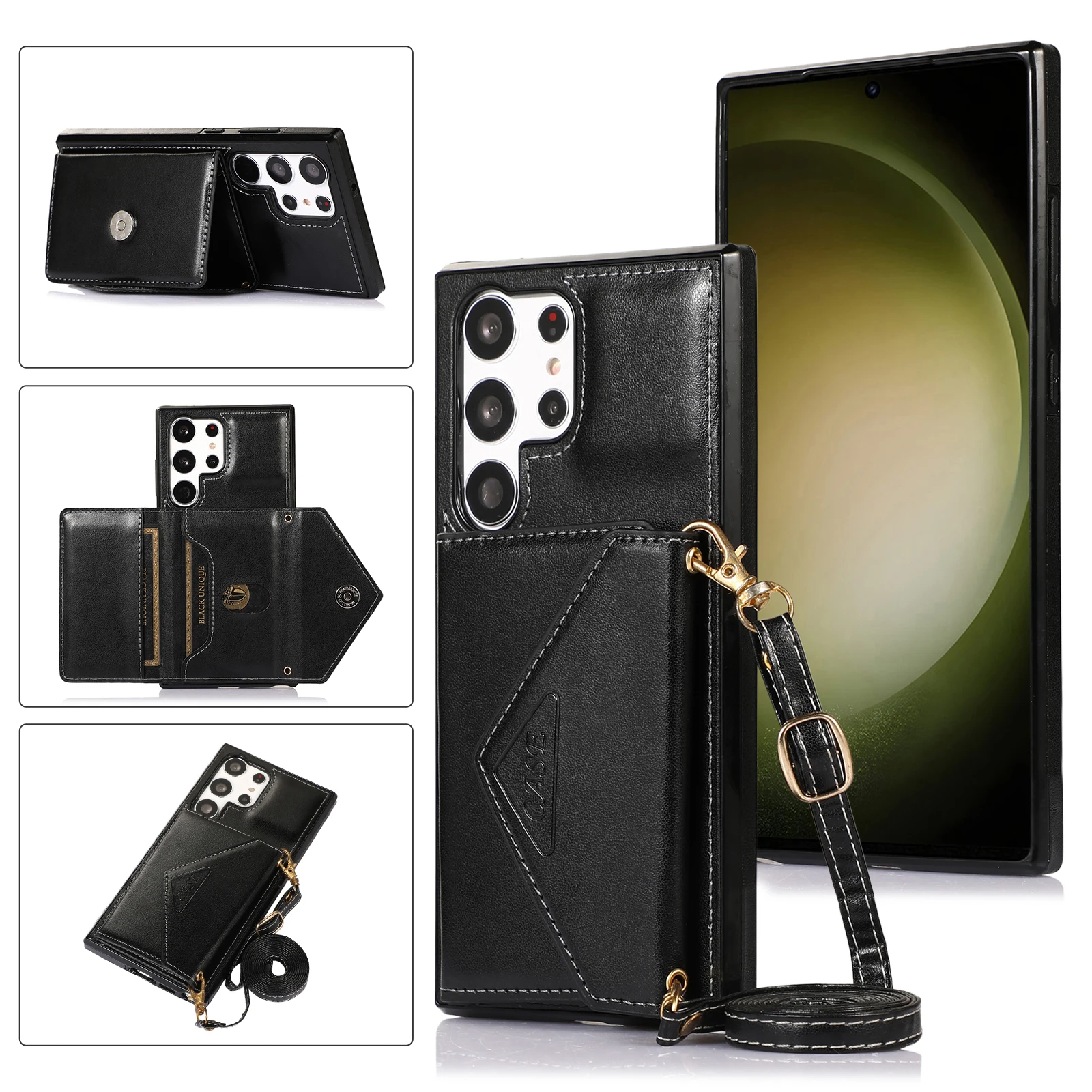 Phone Strap Phone Lanyard S23 S21 Plus S20 FE Leather Card Slot Card Universal Case For Samsung Galaxy S22 S24 Ultra Note20