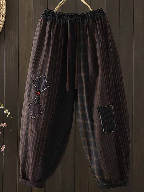 Authentic Artistic Vintage Denim Stripe Patchwork Loose Slimming Fashionable Harlan Pants Women Casual Asymmetrical Cotton Po...