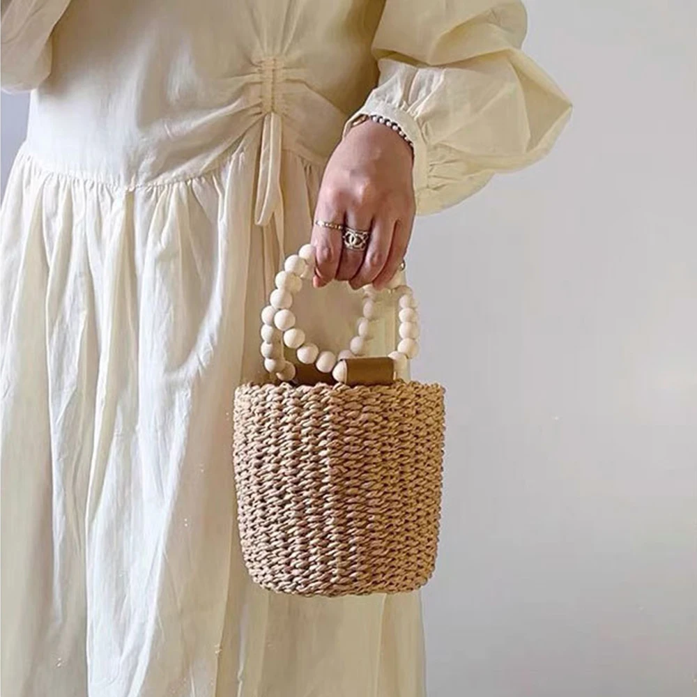 Mini Beaded Handle Bucket Bag Cute Paper Rope Handbag Travel Beach Bags for Woman Summer Woven Drawstring Straw Bag Clutch Chic