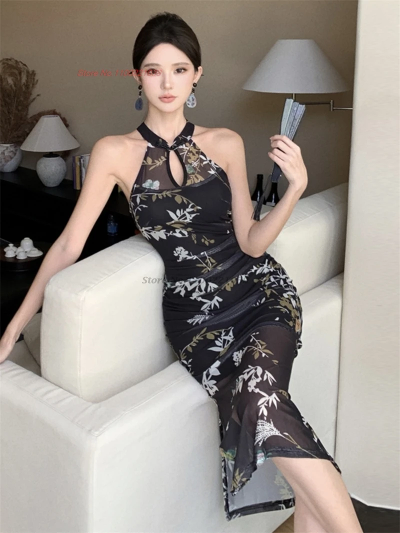 

2024 traditional sexy dress flower print sleeveless qipao evening dress off shoulder nightclub cheongsam banquet party dress