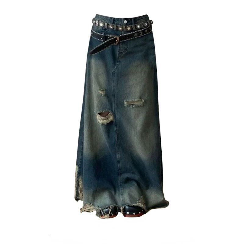 Oversize American Heavy Hole Denim Skirt for Women Y2k High Waist A-line Skirts Mid-length Loose Korean Fashion Clothing