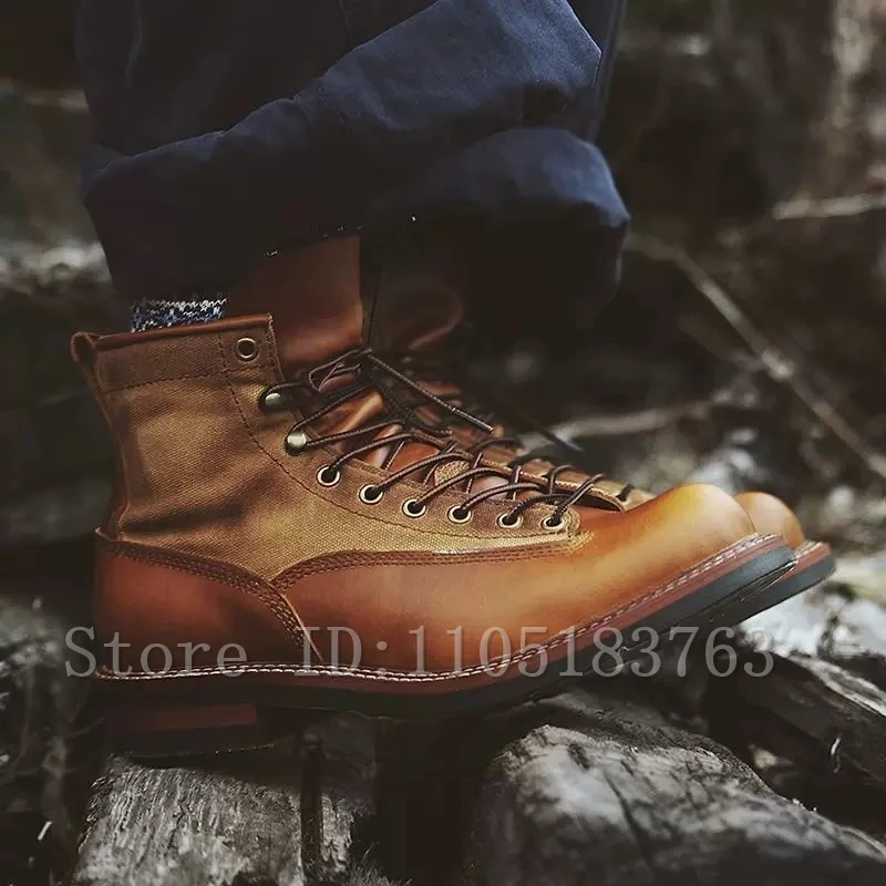 

Men Vintage Brown western work Boots, Retro Mid Top Lace Up Round Toe Durable Outdoor Casual Hiking Ankle Boots