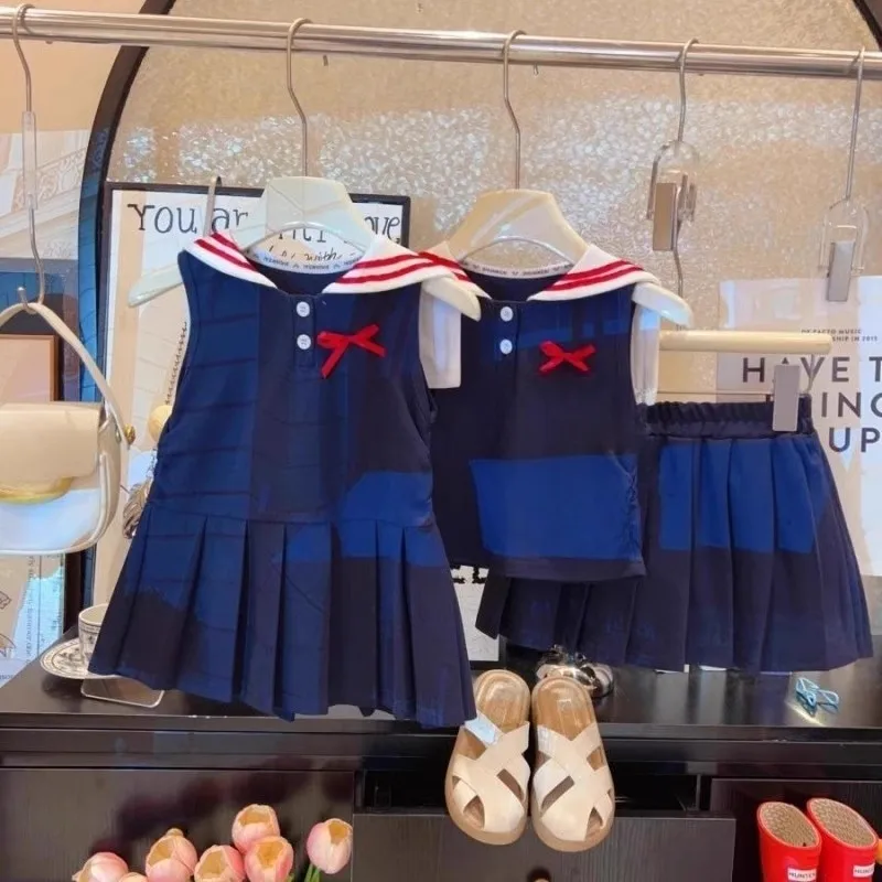 

TOY-Girls' Academy Style Dress Summer Outfit Little Girl Navy Collar Bow Sleeveless Top Pleated Skirt Casual Set
