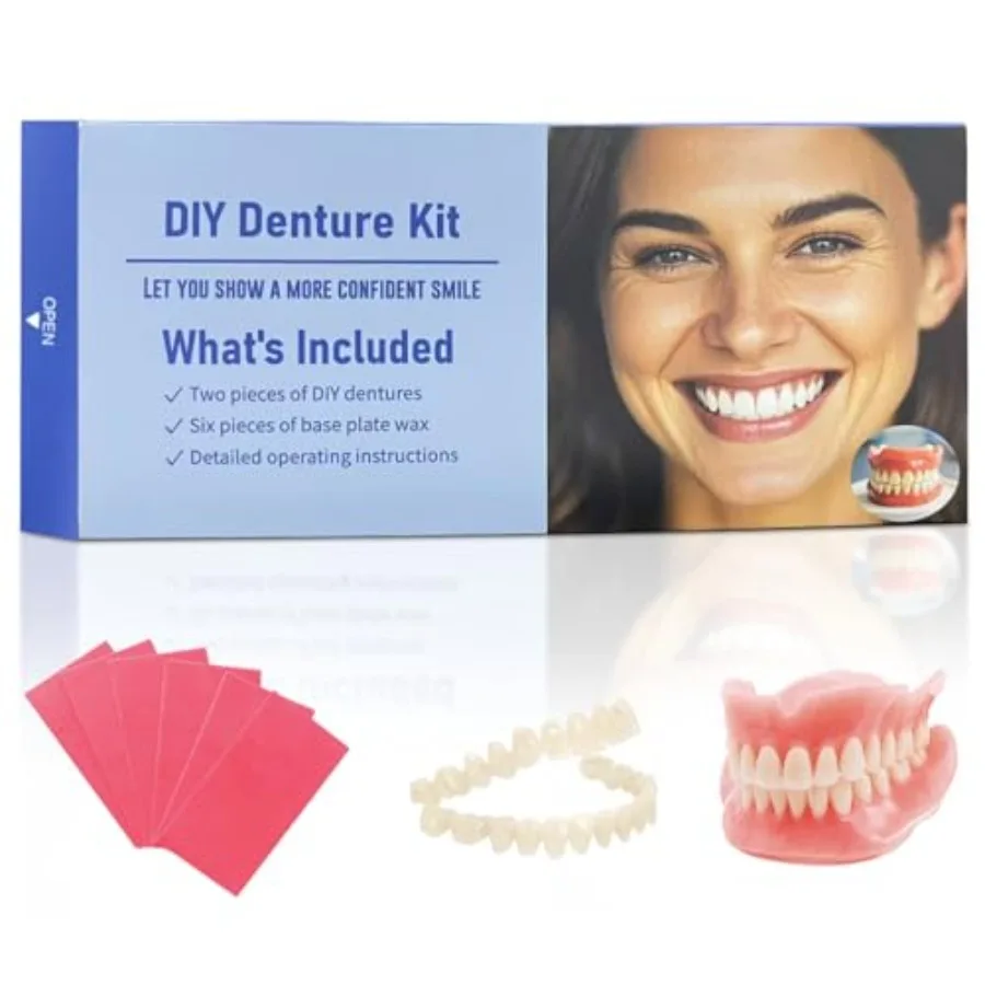 Dentures DIY Kit for AtHome Smile Enhancement: Full Set Top Bottom Fake Teeth with Easy Universal Fit for Natural Appearance an