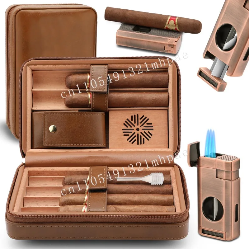 Leather Cigar Humidor with Built-in Lighter Cutter Punch Humidifier Cedar Tray