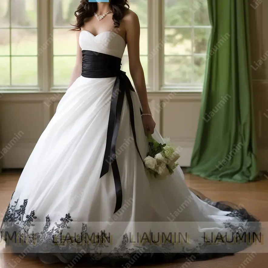 

Готический белый тюль, черный без бретелек с поясом, свадебные платья для выпускного вечера, вечерние платья на шнуровке сзади, индивидуальный заказ A8.2.42