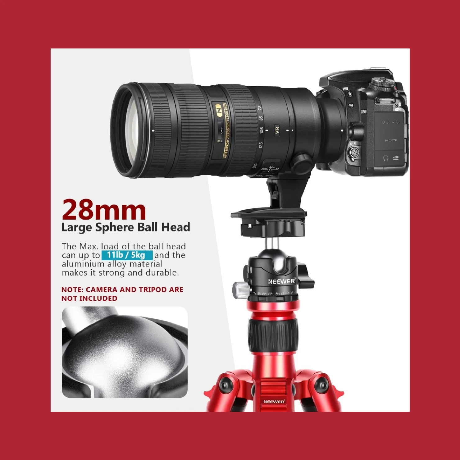 NEEWER 28mm Low‑Profile 360° Rotation Tripod Ball Head with 2 Locking Buttons, QR Plate & Spirit Level for Camera Tripod