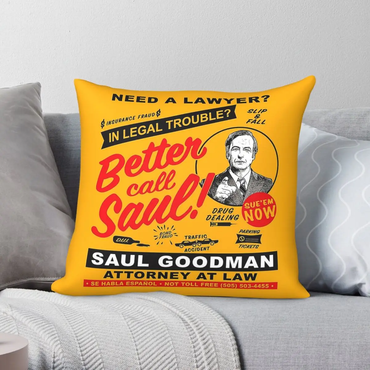 Taie d'oreiller carrée « Need A Lawyer Then Call Saul », en polyester, lin et velours, imprimée, avec fermeture éclair, décorative, pour coussin de lit