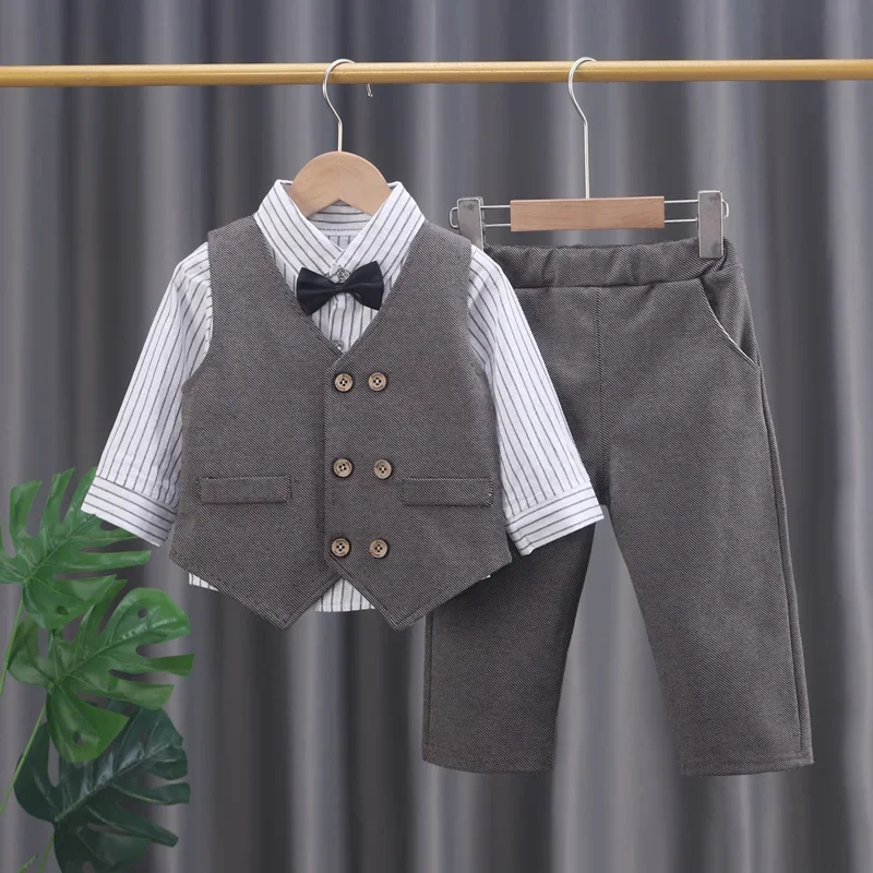 boy's solid color vest Tie Shirt three piece formal evening dres 2025 new fashion children's wear baby chain vest gentleman suit