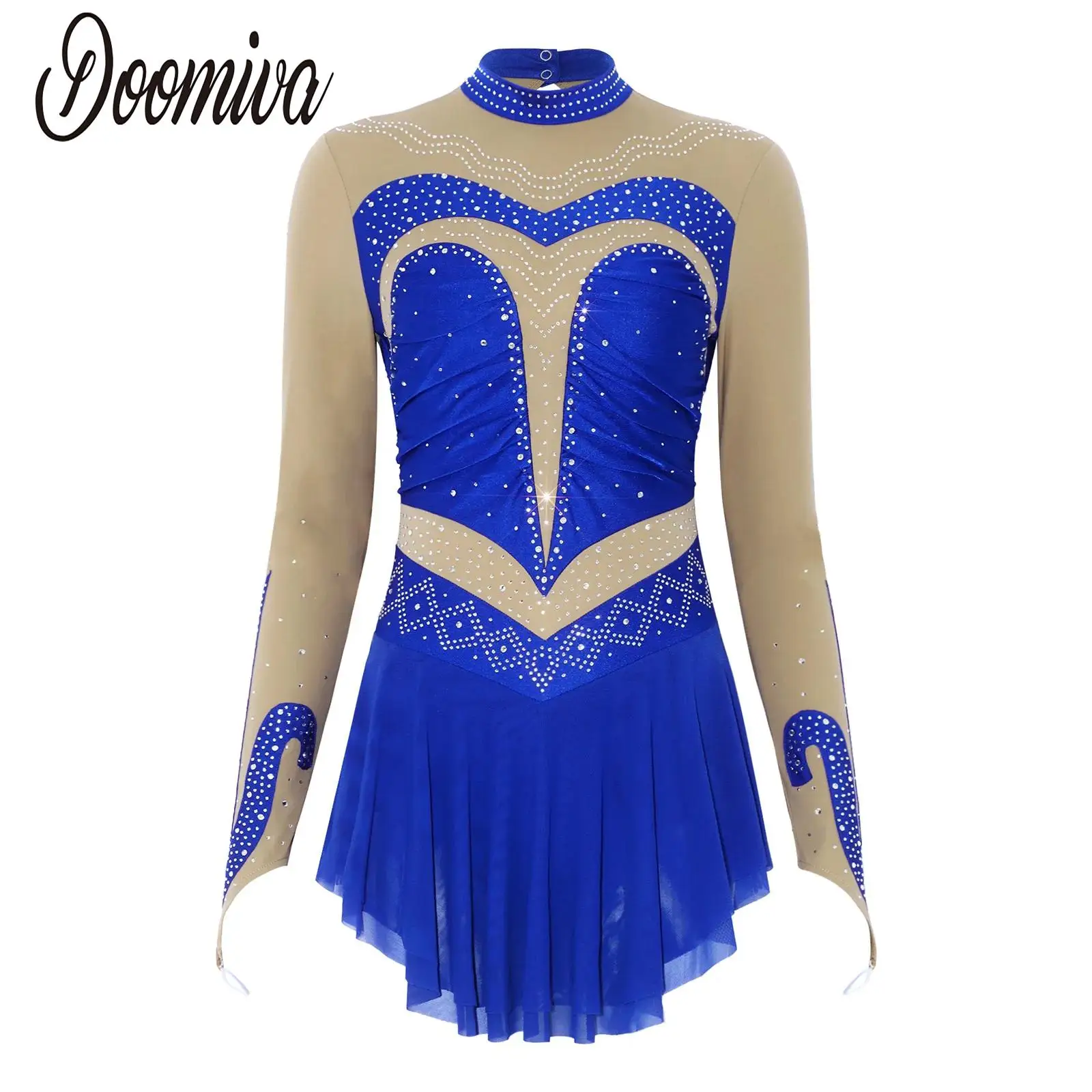 

Women Figure Skating Performance Costume Dress Rhinestones Long Sleeve Tutu Mesh Skirts Leotards for Ballet Lyrical Gymnastics
