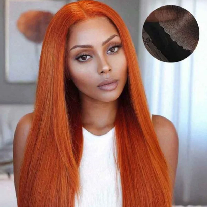

34-дюймовые прямые парики из натуральных волос Рыжий оранжевый 13x4 Парики спереди на шнуровке Прозрачные предварительно выщипанные бразильские волосы Remy для женских париков