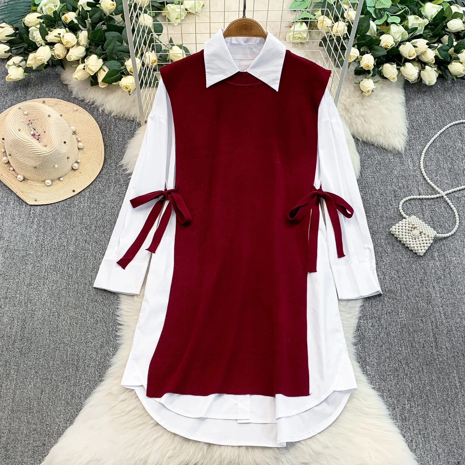 

SuperAen Korean Style Retro White Single Breasted Loose Long Shirt Dress for Women Lace-up Knitted Vest Two Pieces Sets