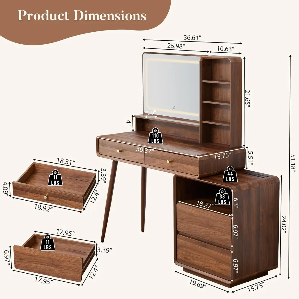 51'' Wood Makeup Vanity Desk with Mirror and Lights, Socket