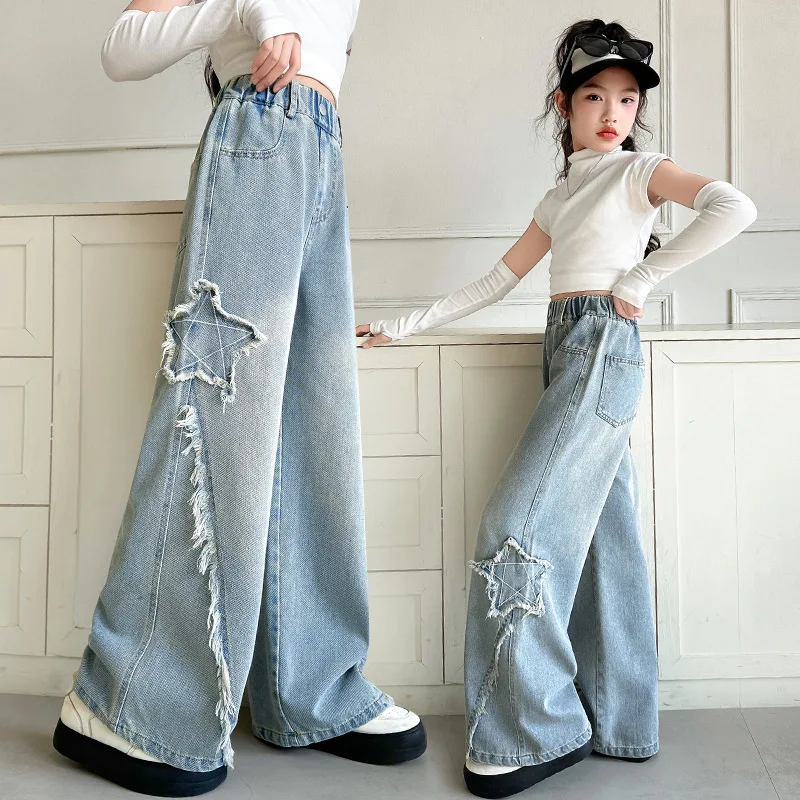 Mädchen Hellblaue Jeans Frühling 2026 Neue Mode Teenager Kinder Bestickte Stern-Patch High Street Weite Bein Denim-Hose