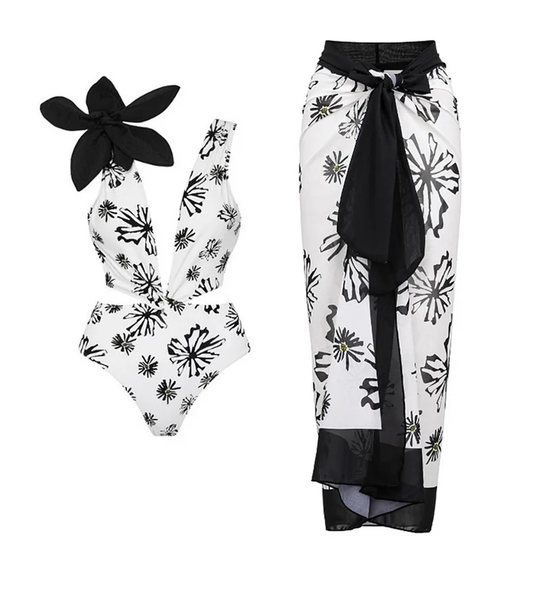 

Black Print Floral 2 Pieces Sets One-Piece Swimsuit With Skirt 2024 Women V-Neck Bodysuits Monokini Beach Bathing Suits Swimwear