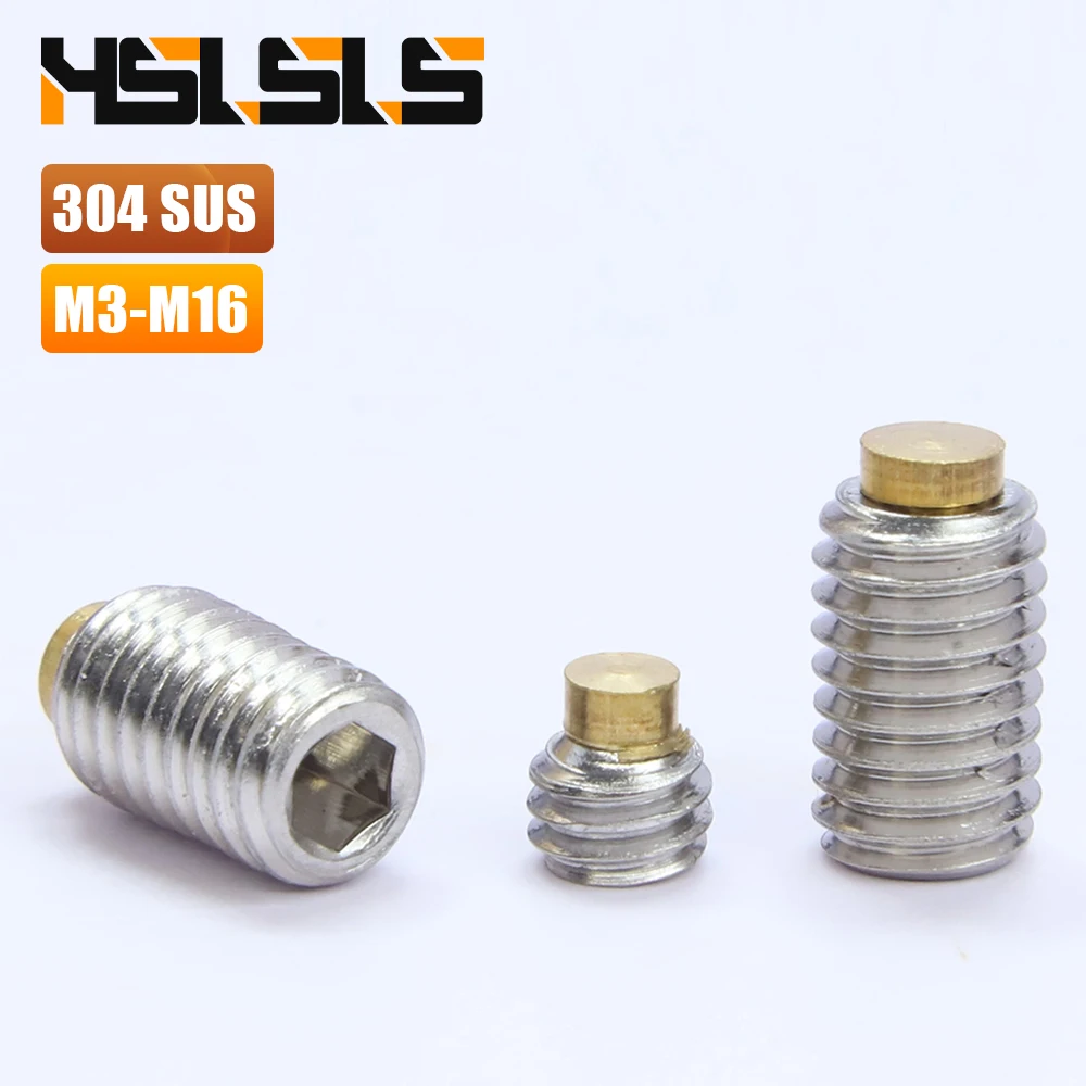 1-20pcs 304 Stainless Steel Hex Socket Brass Tip Dog Point Set Screws M3 M4 M5 M6 M8 M10 M12 M16 Brass Insert Allen Grub Screws