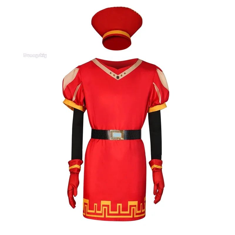 Lord Farquaad Cosplay kostium anime jednolity płaszcz rękawiczka zestaw kapeluszy średniowieczny Cosplay impreza z okazji Halloween czerwony strój dla dzieci kobiety mężczyźni