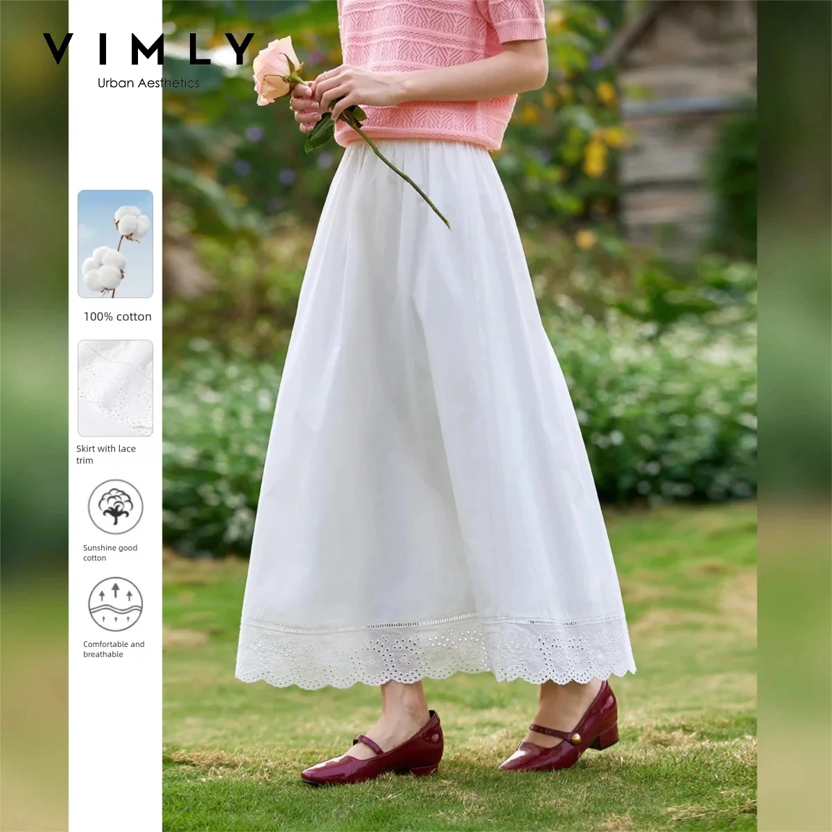 VIMLY Women's White Midi Skirt 2026 Summer New Lace Splicing Design High Waist Loose-fit Long Skirt Cotton 100% Clothing A0667