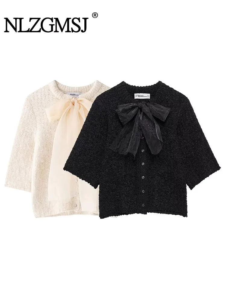 

2025 Women Cropped Sweater Fashion Bow Sweaters Long Sleeve Pullover Ladies Casual Knitwear Top