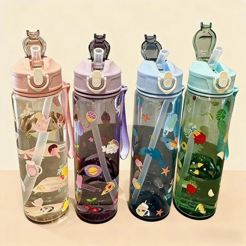 

Convenient 750ml Water Bottle Printed Cartoon Portable Straw Cup Leakproof Large Capacity Sports Cup Outdoor Travel Gym Sports