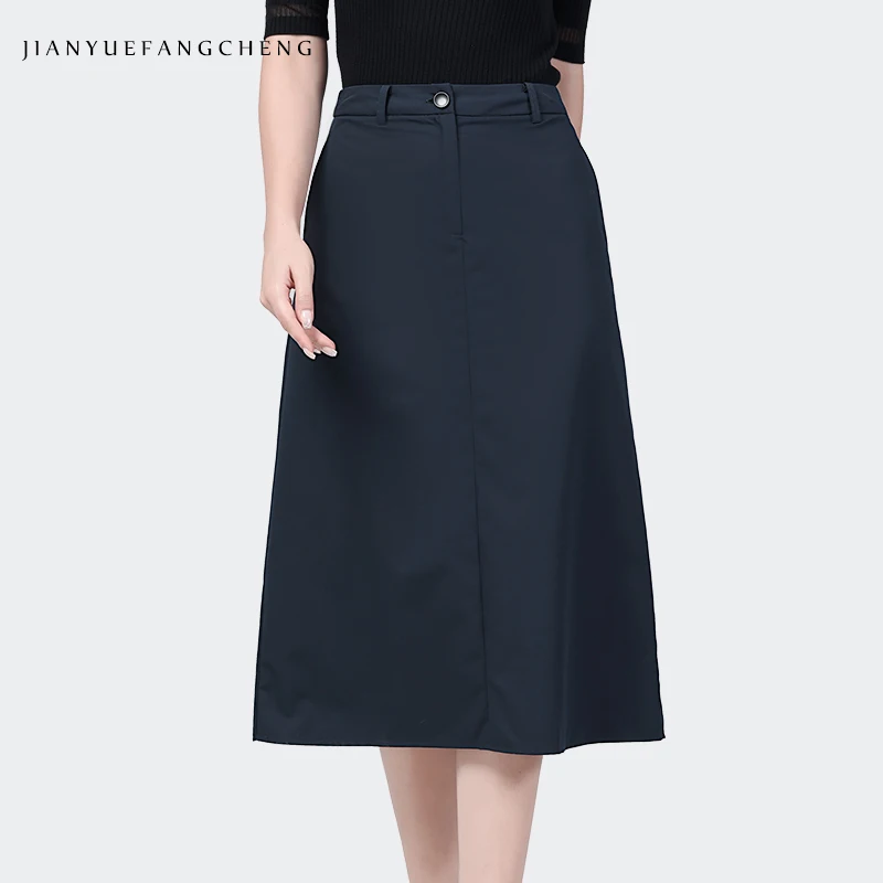 Womens Spring Summer Midi Skirt With Pockets Simple Solid Color High Rise A-line Casual Office Ladies Skirts