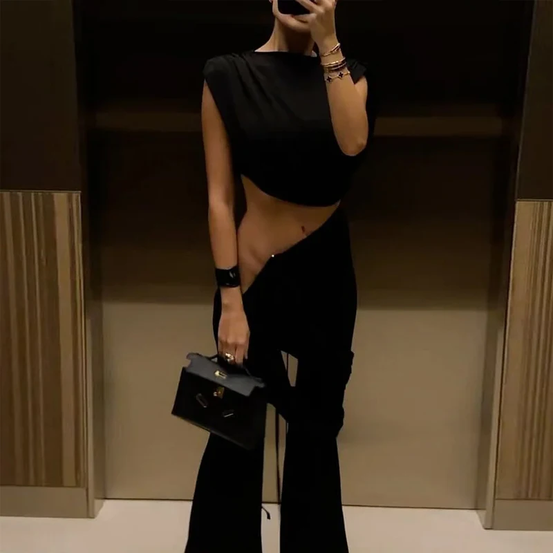 Waytobele Women 2 Piece Set Summer Casual Fashion Solid Crew Neck Pleated Tie Up Irregular Top Slim Flare Pants Pants Sets