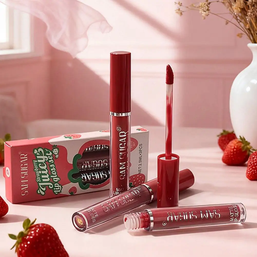 3pcs Fruit Cherry Strawberry Liquid Lipstick Makeup Kit Non Stick Cup Colorfast Long Lasting Velvet Matte Peach Lip Gloss Set