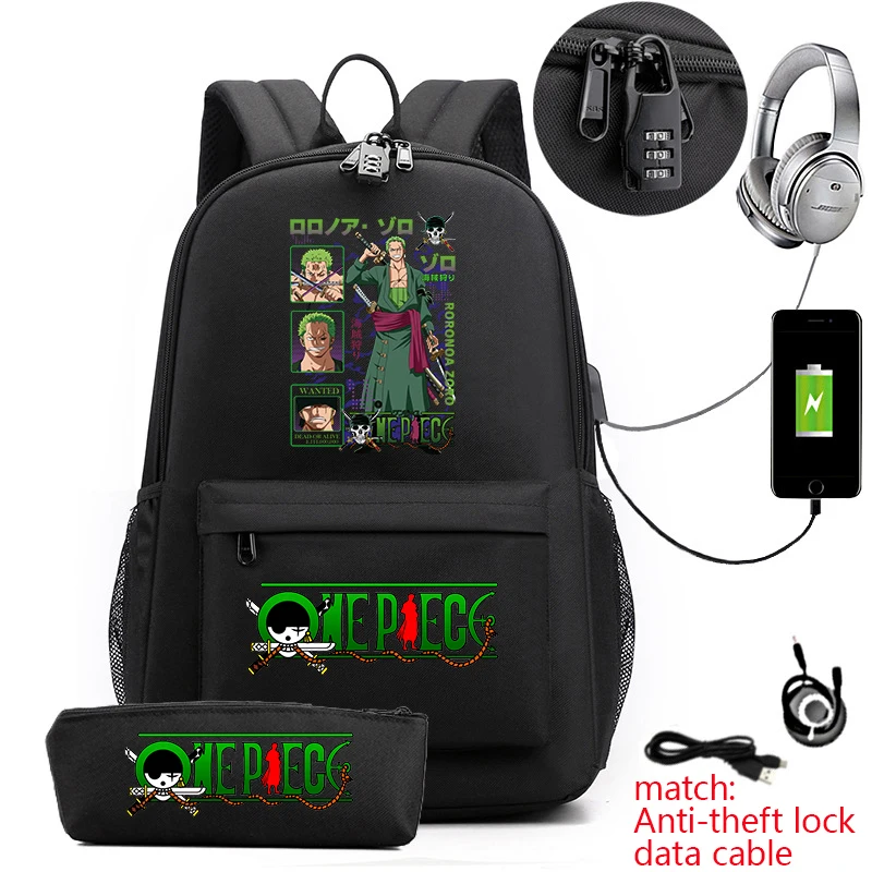 One Piece Zoro Print Student Backpack Anti Theft Daypack With Pen Bag Kids Teens Casual School Bag