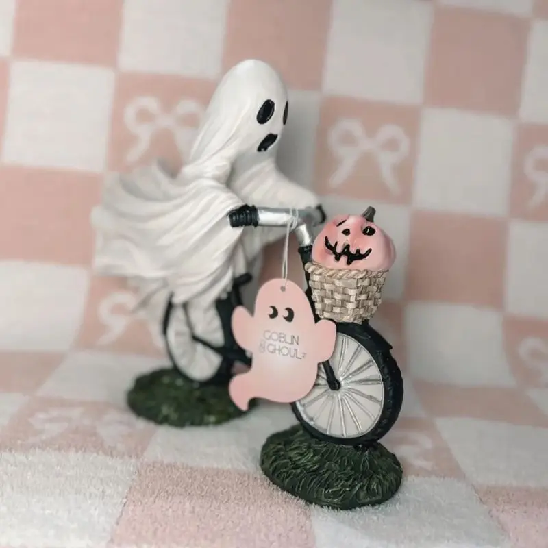 Ghost Bike Rider With Pink Pumpkin Halloween Ghost Bike Tabletop Decoration Pink Pumpkin Ghost Bike Ride Action Figure