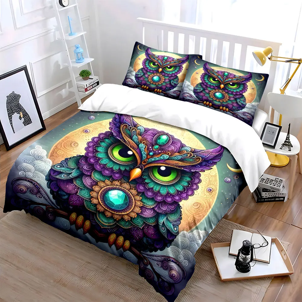 Ornate colorful owl with moon arrière-plan Printed Duvet Cover Set1 Duvet Cover+2 PillowcaseMulti Size Bedroom Bedding Decor