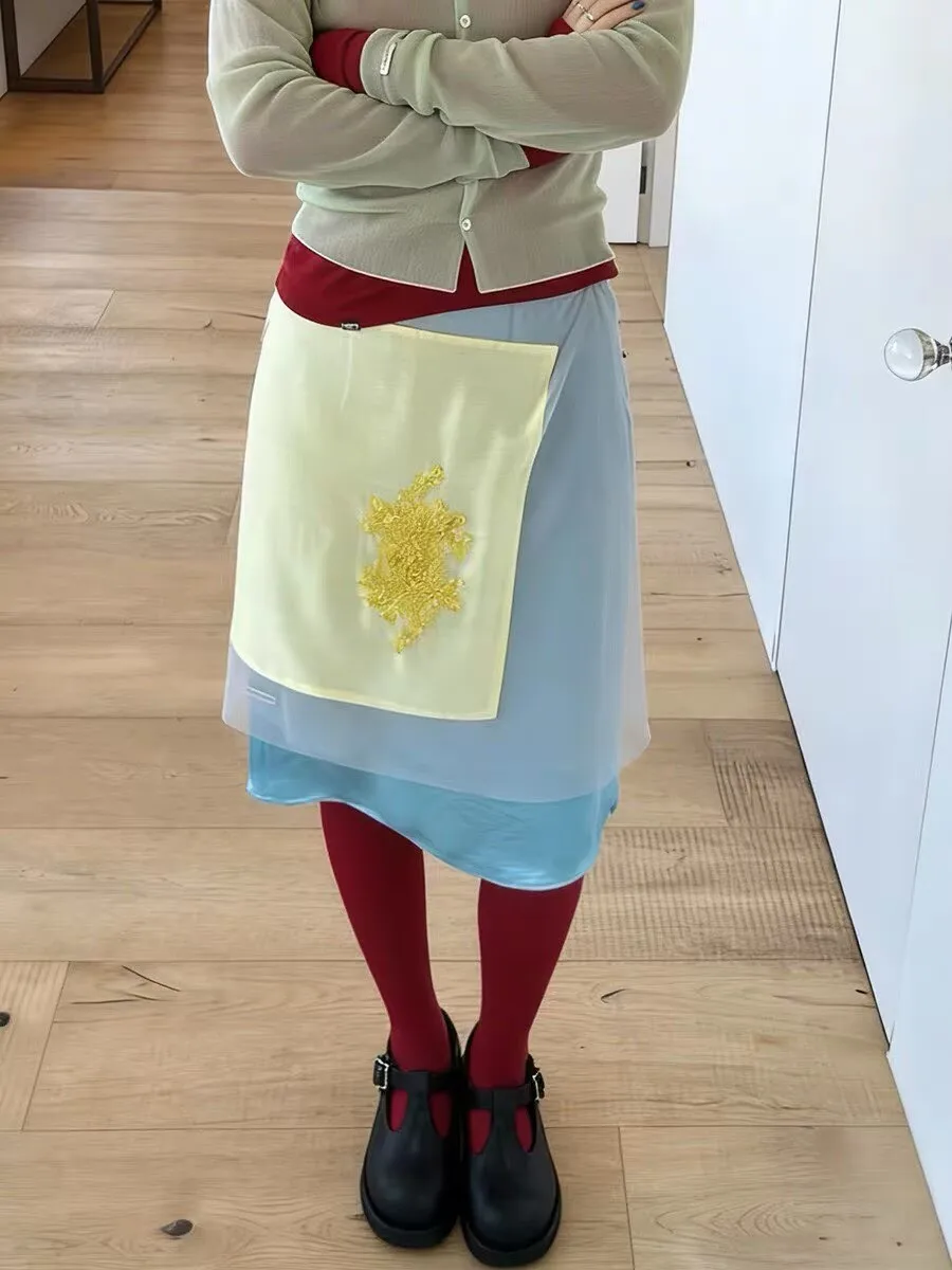 Embroidered Color Block Layered Mesh Half Skirt Spring Summer New Style Women's Standard Waist H-Line Skirt  Sense