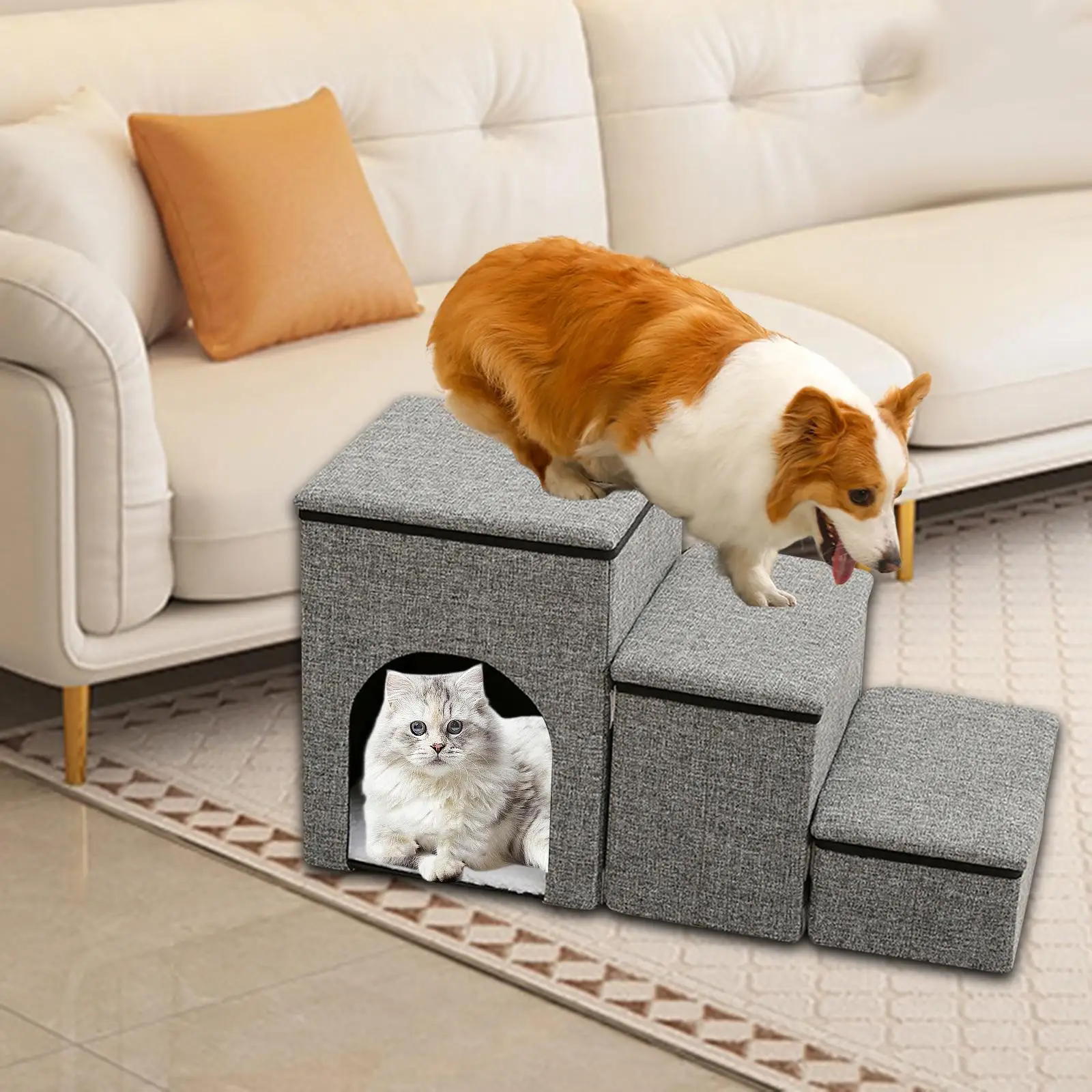 Foldable Puppy Stairs with Storage Box Kitten Nest 3 Steps Stairs for Cat Pet Ramp Ladder Dogs Bed Stairs Pet Supplies 강아지 계단