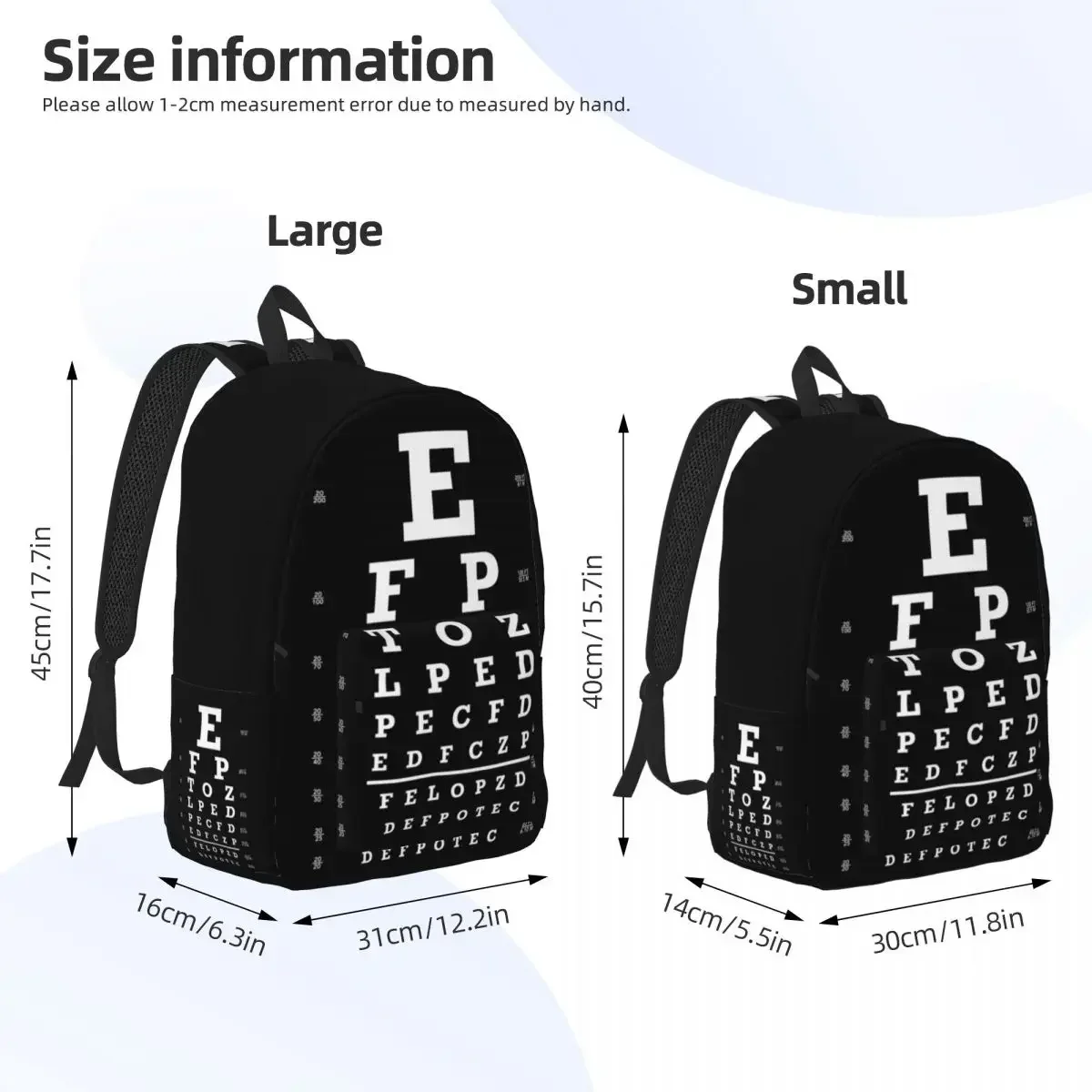 Zaini in tela Eye Snellen Chart per ragazzi e ragazze Optometrist Eye Exam College School Borse da viaggio Bookbag per laptop da 15 pollici