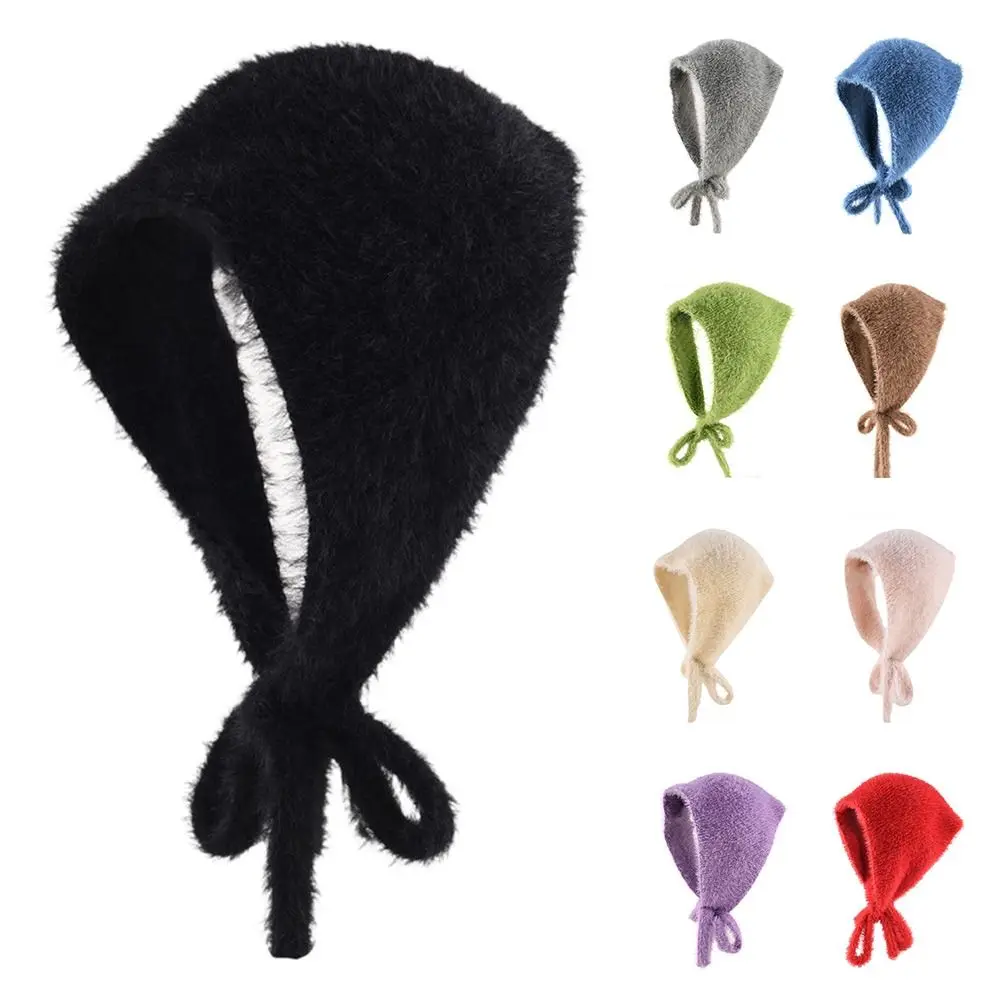 Fashion French Style Tie Headband Hat Knitted Yarn Plush Women Headscarf Keep Warm Triangular Scarf Winter