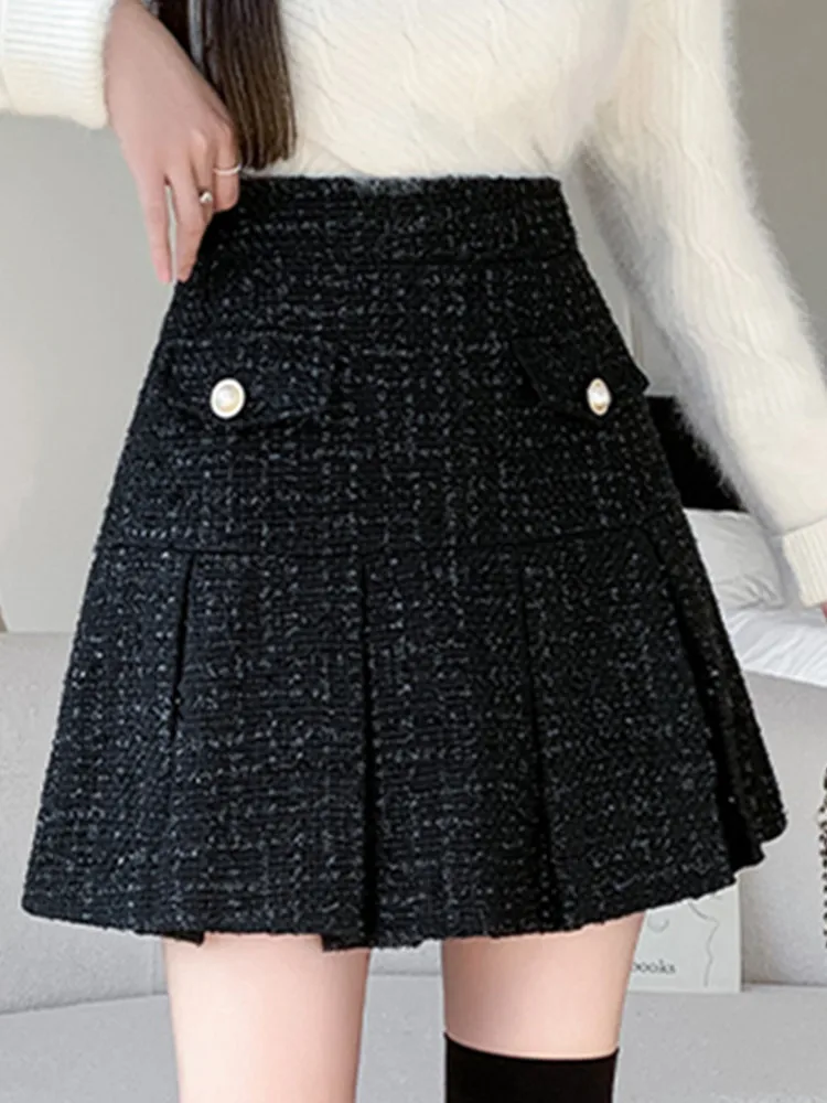 SMTHMA New Autumn Winter Fashion Tweed Short Skirt Women's Versatile A-Line High Waist Woolen Pleated Skirt